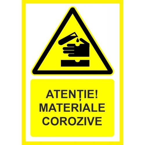 Indicator Atentie materiale corozive, Sticker autocolant