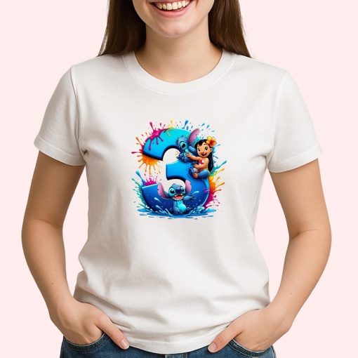 Tricou Alfabet Cifra 3 cu Lilo si Stitch albastru, veselie mare, Alb, Unisex Dama si Barbat | Copii