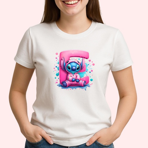 Tricou Alfabet Litera E cu Stitch Roz fericit, explozie de culori, Alb, Unisex Dama si Barbat | Copii