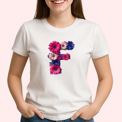 Tricou Alfabet Litera F cu flori, margarete, flori colorate, Alb, Unisex Dama si Barbat | Copii