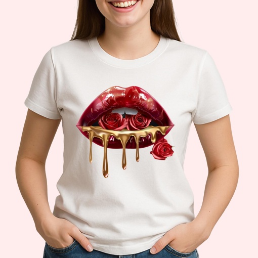 Tricou Buze femeie rosii cu trandafir si picaturi aurii, Lip gloss, Copii | Dama