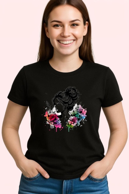Tricou Sketch woman black hair floral accent, femeie schitata par negru si accent floral, Copii | Dama | Barbat , tricou negru