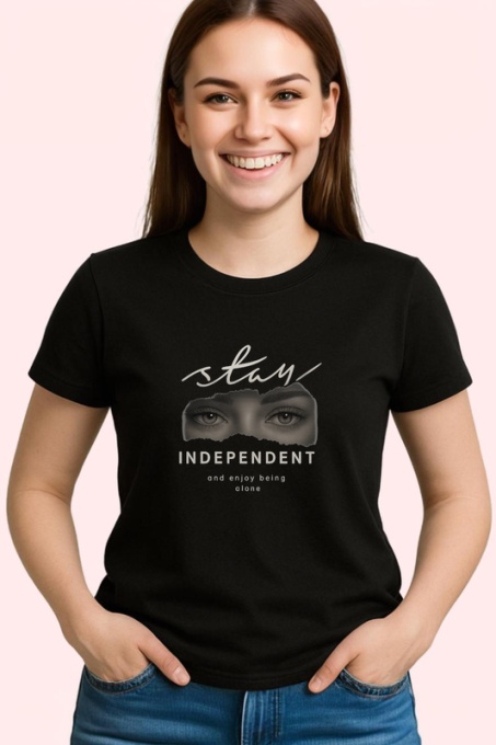 Tricou Stay independent privirea unei femei, Copii | Dama | Barbat , tricou negru