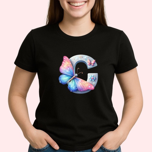 Tricou Alfabet Litera C cu fluturi colorati, stele aurii, flori colorate, Negru, Unisex Dama si Barbat | Copii