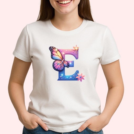 Tricou Alfabet Litera E cu fluturi colorati, stele aurii, flori colorate, Alb, Unisex Dama si Barbat | Copii