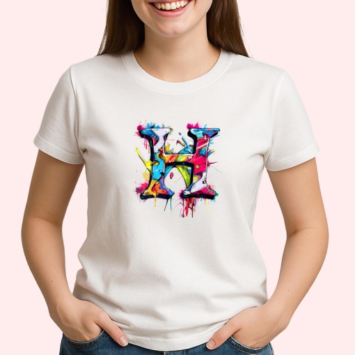 Tricou Alfabet Litera H cu graffiti, design exploziv, arta urbana, Alb, Unisex Dama si Barbat | Copii