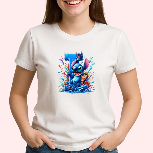 Tricou Alfabet Litera I cu Lilo si Stitch albastru, veselie mare, Alb, Unisex Dama si Barbat | Copii
