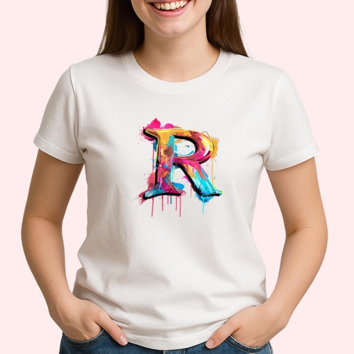 Tricou Alfabet Litera R cu graffiti, design exploziv, arta urbana, Alb, Unisex Dama si Barbat | Copii