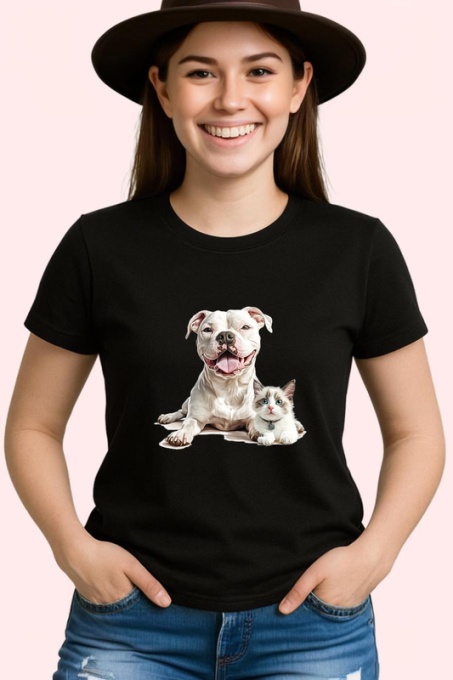 Tricou American Pitbull Terrier si pisica Ragdoll prieteni adorabili pe fundal albastru Copii | Dama | Barbat, negru