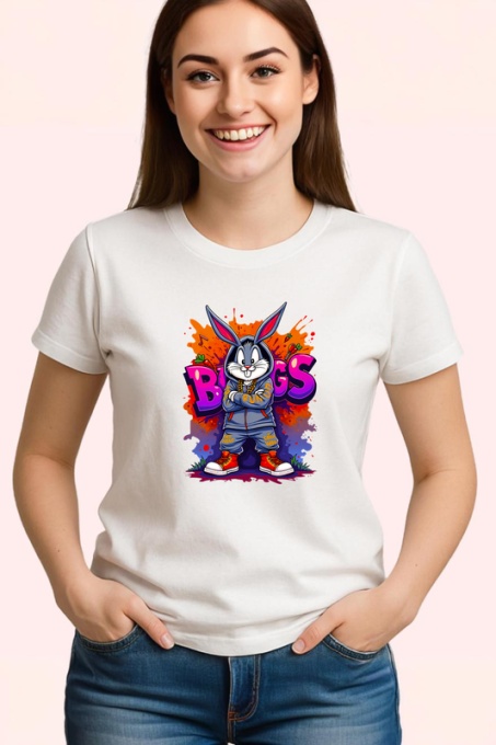 Tricou Bugs Bunny in hanorac mov pe fundal splash rosu-albastru Copii | Dama | Barbat