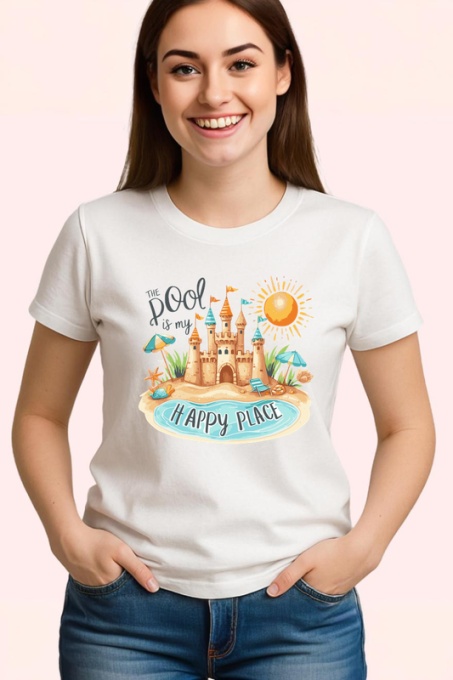 Tricou Castel de nisip cu soare text the pool is my happy place Copii | Dama | Barbat Barbat