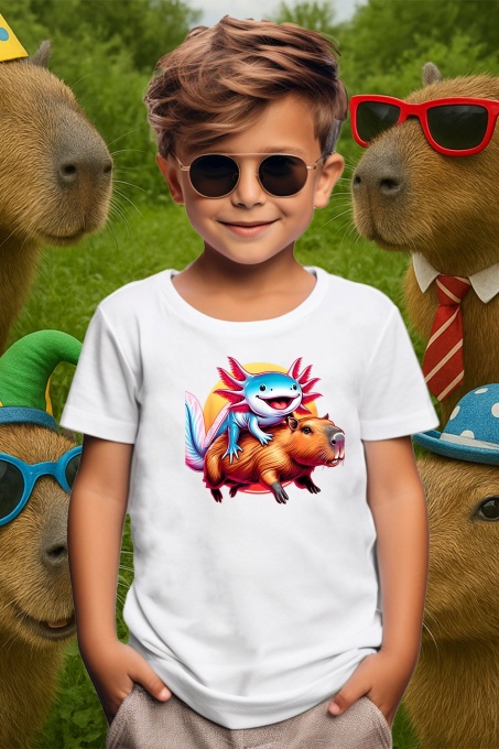 Tricou copii Capybara - Axolotl pe capybara