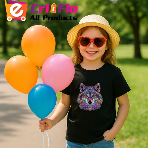 Tricou Lup artistic cu blana curcubeu si privire intensa Copii | Dama | Barbat, culoare negru