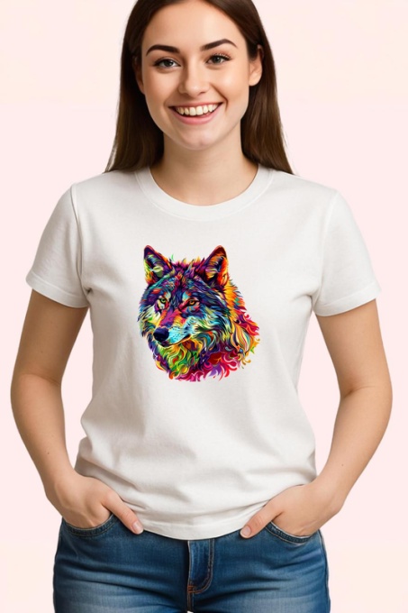 Tricou Lup colorat in stil pop art fundal alb Copii | Dama | Barbat