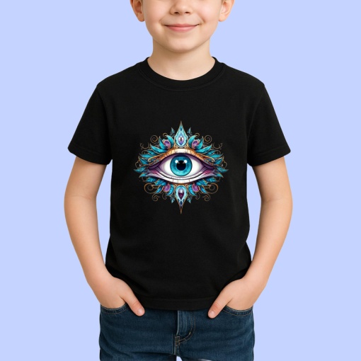 Tricou Ochi albastru turcoaz in mandala luminoasa cu elemente aurii Copii | Dama | Barbat Barbat