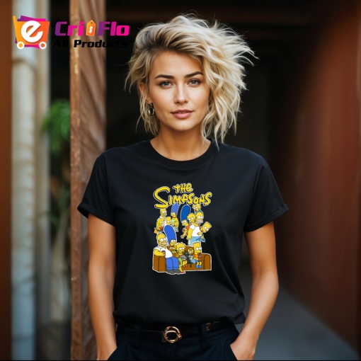 Tricou Simpson familia mare adunata pe canapea in scena comica animata, Copii | Dama | Barbat , tricou negru
