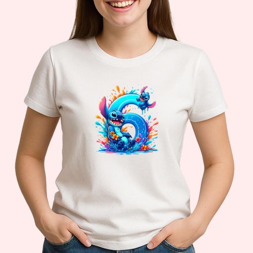 Tricou Alfabet Cifra 6 cu Lilo si Stitch albastru, veselie mare, Alb, Unisex Dama si Barbat | Copii