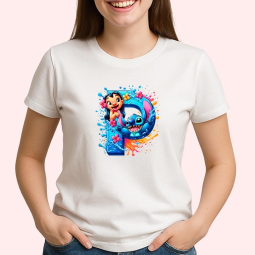 Tricou Alfabet Litera P cu Lilo si Stitch albastru, veselie mare, Alb, Unisex Dama si Barbat | Copii