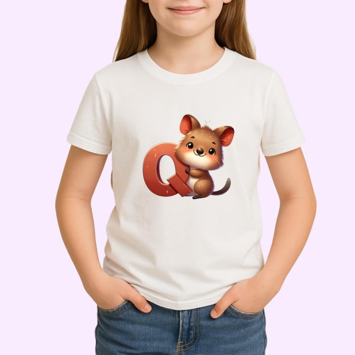 Tricou Alfabet Litera Q cu animal Quokka , Alb, Unisex Dama si Barbat | Copii