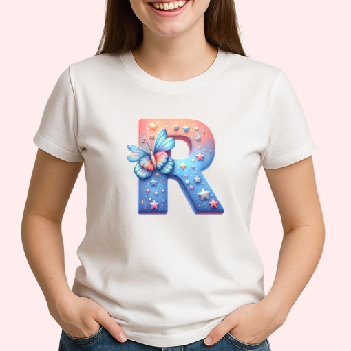 Tricou Alfabet Litera R cu fluturi colorati, stele aurii, flori colorate, Alb, Unisex Dama si Barbat | Copii