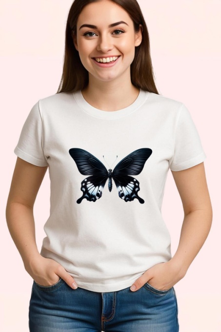 Tricou Fluture negru cu accente albe design contrast puternic Copii | Dama | Barbat Barbat