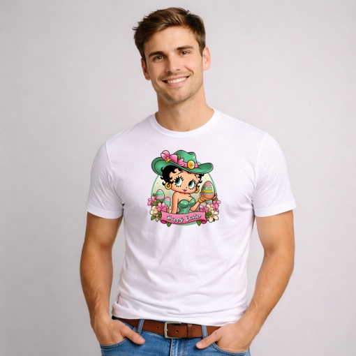 Tricou Paste Betty Boop Paste Oua Colorate Vintage, din bumbac 100%, tricou alb, Copii | Dama | Barbat - Img 1