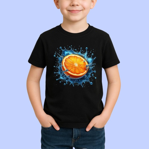 Tricou Portocala in jet de apa, Fructe, Copii | Dama, culoare negru
