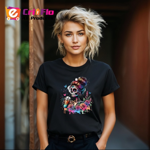 Tricou Skeleton makeup flowers tattoos, fata cu machiaj schelet si flori tatuate, Copii | Dama | Barbat , tricou negru
