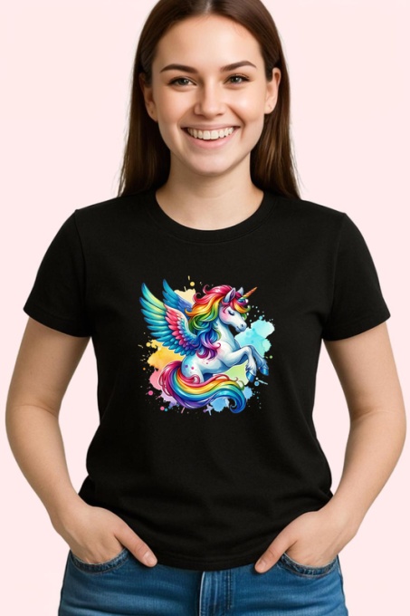 Tricou Unicorn with wings flying smile, unicorn cu aripi zambitor si colorat, Copii | Dama | Barbat , tricou negru