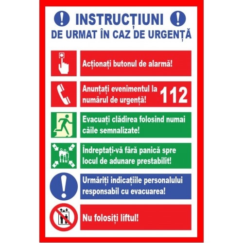 Indicator Pentru informatii de urmat in caz de urgenta, Sticker autocolant