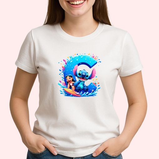 Tricou Alfabet Litera C cu Lilo si Stitch albastru, veselie mare, Alb, Unisex Dama si Barbat | Copii