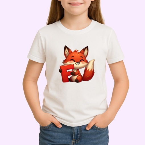 Tricou Alfabet Litera F cu animal Fox Vulpe , Alb, Unisex Dama si Barbat | Copii