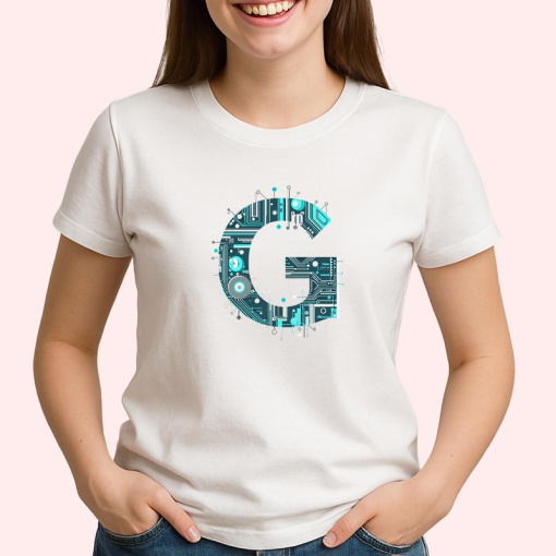 Tricou Alfabet Litera G cu circuite, cyber, tehnologie, Alb, Unisex Dama si Barbat | Copii