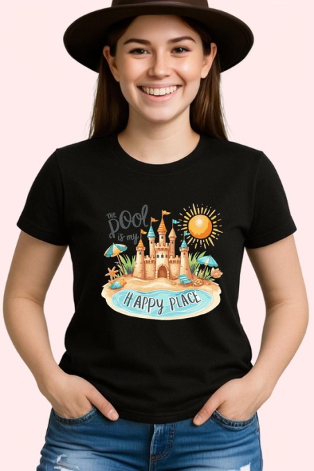 Tricou Castel de nisip cu soare text the pool is my happy place Copii | Dama | Barbat, negru
