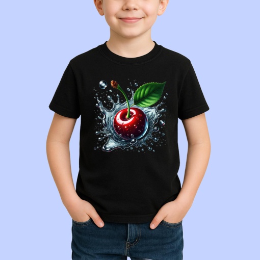 Tricou Cireasa si valuri de apa, Fructe, Copii | Dama, culoare negru