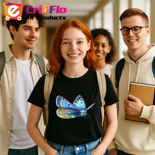 Tricou Fluture albastru cu galben model simetric ilustrat Copii | Dama | Barbat, negru