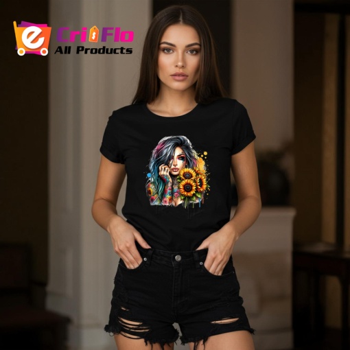 Tricou Sunflower eye rainbow girl, fata curcubeu cu floarea soarelui in ochi, Copii | Dama | Barbat , tricou negru