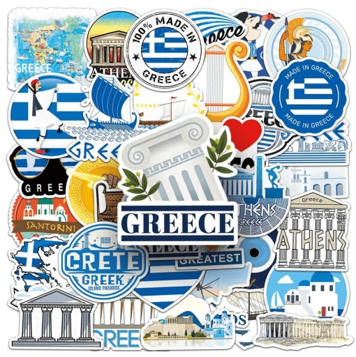 Set 50 stickere din Grecia, Santorini, Mykonos, Atena, Rhodos, Corfu pentru telefon laptop Pvc Vinyl Waterproof