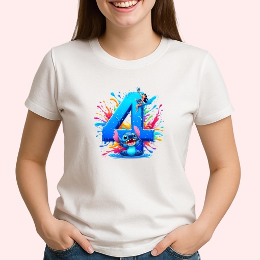 Tricou Alfabet Cifra 4 cu Lilo si Stitch albastru, veselie mare, Alb, Unisex Dama si Barbat | Copii