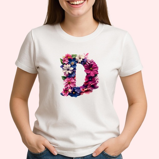 Tricou Alfabet Litera D cu flori, margarete, flori colorate, Alb, Unisex Dama si Barbat | Copii
