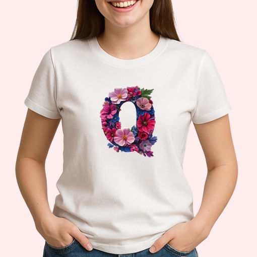 Tricou Alfabet Litera Q cu flori, margarete, flori colorate, Alb, Unisex Dama si Barbat | Copii