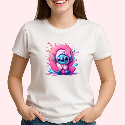 Tricou Alfabet Litera Q cu Stitch Roz fericit, explozie de culori, Alb, Unisex Dama si Barbat | Copii