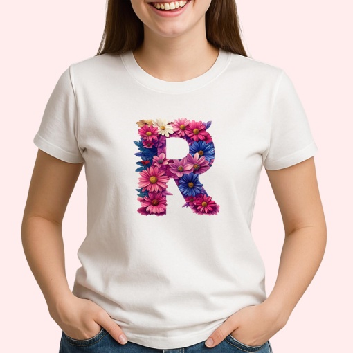 Tricou Alfabet Litera R cu flori, margarete, flori colorate, Alb, Unisex Dama si Barbat | Copii