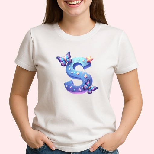 Tricou Alfabet Litera S cu fluturi colorati, stele aurii, flori colorate, Alb, Unisex Dama si Barbat | Copii