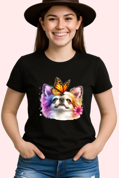 Tricou Chihuahua alb cu fluture portocaliu pe cap design de poveste Copii | Dama | Barbat, negru