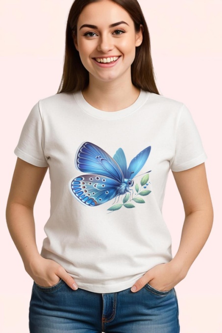 Tricou Fluture albastru pastel pe frunza fundal simplu Copii | Dama | Barbat Barbat
