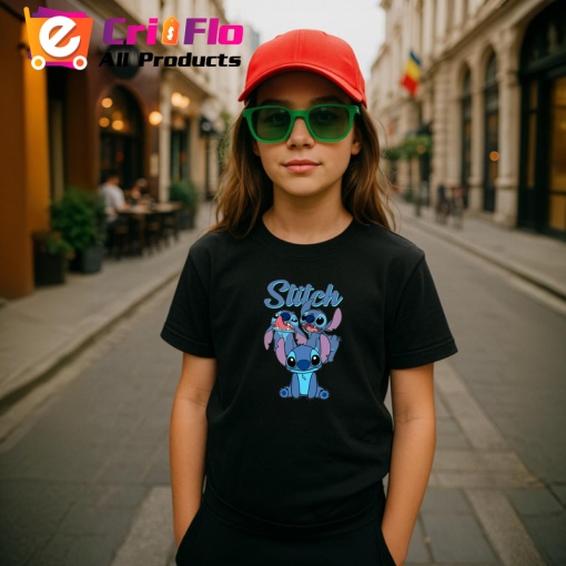 Tricou Stitch extraterestrul albastru adorabil si aventurile sale pe pamant, Copii | Dama | Barbat , tricou negru