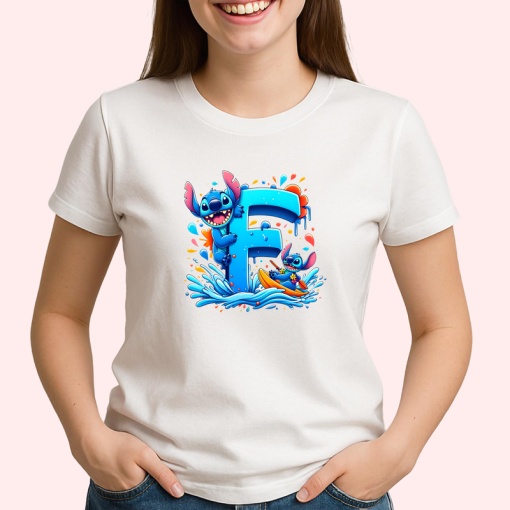 Tricou Alfabet Litera F cu Lilo si Stitch albastru, veselie mare, Alb, Unisex Dama si Barbat | Copii