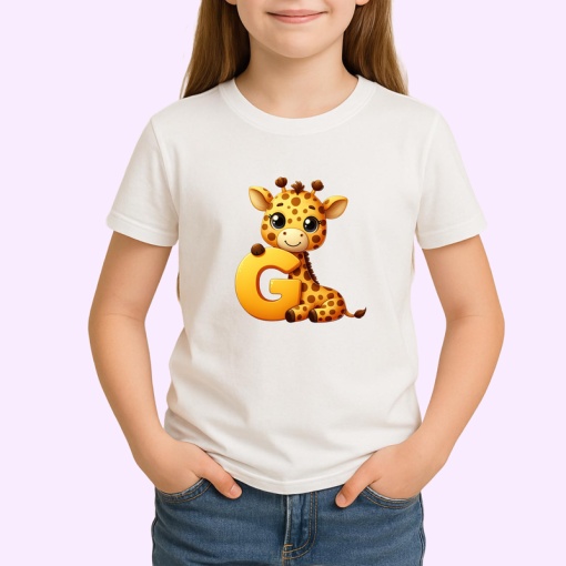Tricou Alfabet Litera G cu animal Giraffe Girafa , Alb, Unisex Dama si Barbat | Copii