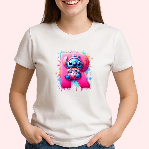 Tricou Alfabet Litera R cu Stitch Roz fericit, explozie de culori, Alb, Unisex Dama si Barbat | Copii